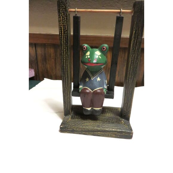Wooden Handcarved Frog In a  Swing 8 inches tall - Picture 1 of 2
